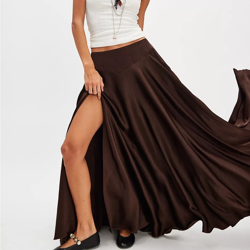 Free People Satin Maxi Skirt in Dark Brown with Side Slit